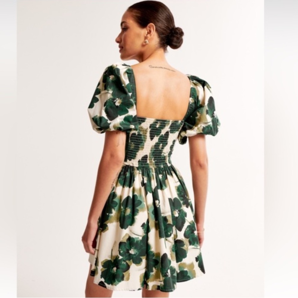 NWT 💚 Abercrombie & Fitch Emerson Green 👗 & Cream Floral Puff Sleeve Dress XSP - Picture 8 of 10